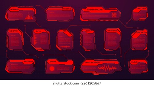 Red futuristic HUD or UI elements. Sci-fi user interface text boxes, callouts. Warning message frames, information boxes template. Modern game interface layout in digital style. Vector illustration