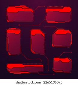 Rote futuristische HUD- oder UI-Elemente. Textfelder für die Sci-fi-Benutzeroberfläche, Tastenkombinationen. Meldungsrahmen, Vorlage für Informationsfelder. Modernes Interface im digitalen Stil. Vektorgrafik