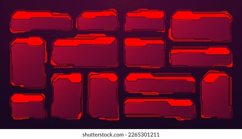Red futuristic HUD or UI elements. Sci-fi user interface text boxes, callouts. Warning message frames, information boxes template. Modern game interface layout in digital style. Vector illustration