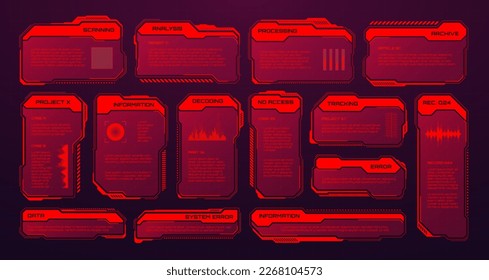 Red futuristic HUD or UI elements. Sci-fi user interface text boxes, callouts. Warning message frames, information boxes template. Modern game interface layout in digital style. Vector illustration