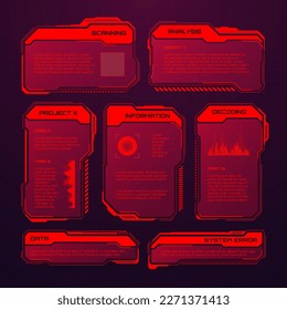 Red futuristic HUD or UI elements. Sci-fi user interface text boxes, callouts. Warning message frames, information boxes template. Modern game interface layout in digital style. Vector illustration