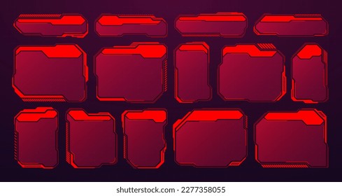 Red futuristic HUD or UI elements. Sci-fi user interface text boxes, callouts. Warning message frames, information boxes template. Modern game interface layout in digital style. Vector illustration