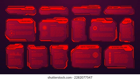 Red futuristic HUD or UI elements. Sci-fi user interface text boxes, callouts. Warning message frames, information boxes template. Modern game interface layout in digital style. Vector illustration