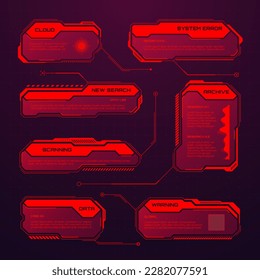 Red futuristic HUD or UI elements. Sci-fi user interface text boxes, callouts. Warning message frames, information boxes template. Modern game interface layout in digital style. Vector illustration