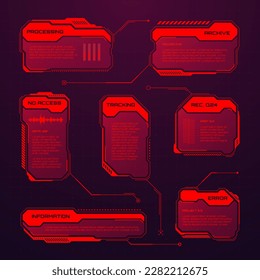 Red futuristic HUD or UI elements. Sci-fi user interface text boxes, callouts. Warning message frames, information boxes template. Modern game interface layout in digital style. Vector illustration