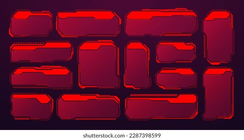 Red futuristic HUD or UI elements. Sci-fi user interface text boxes, callouts. Warning message frames, information boxes template. Modern game interface layout in digital style. Vector illustration