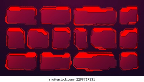 Red futuristic HUD or UI elements. Sci-fi user interface text boxes, callouts. Warning message frames, information boxes template. Modern game interface layout in digital style. Vector illustration