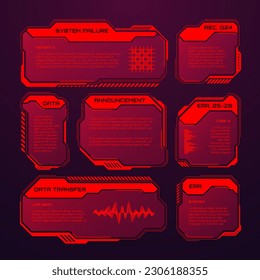 Red futuristic HUD or UI elements. Sci-fi user interface text boxes, callouts. Warning message frames, information boxes template. Modern game interface layout in digital style. Vector illustration