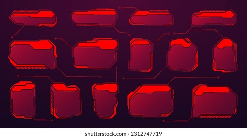 Red futuristic HUD or UI elements. Sci-fi user interface text boxes, callouts. Warning message frames, information boxes template. Modern game interface layout in digital style. Vector illustration