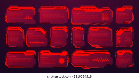 Rote futuristische HUD- oder UI-Elemente. Textfelder für die Sci-fi-Benutzeroberfläche, Tastenkombinationen. Meldungsrahmen, Vorlage für Informationsfelder. Modernes Interface im digitalen Stil. Vektorgrafik