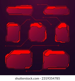 Elementos HUD o UI futuristas rojos. Cuadros de texto de la interfaz de usuario de Sci-fi, llamadas. Marcos de mensajes de advertencia, plantilla de cuadros de información. Diseño moderno de interfaz de juego en estilo digital. Ilustración del vector