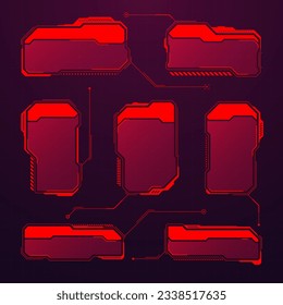 Red futuristic HUD or UI elements. Sci-fi user interface text boxes, callouts. Warning message frames, information boxes template. Modern game interface layout in digital style. Vector illustration
