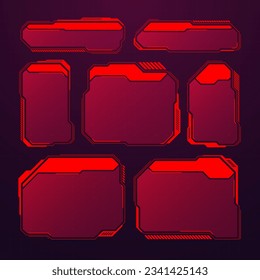 Red futuristic HUD or UI elements. Sci-fi user interface text boxes, callouts. Warning message frames, information boxes template. Modern game interface layout in digital style. Vector illustration