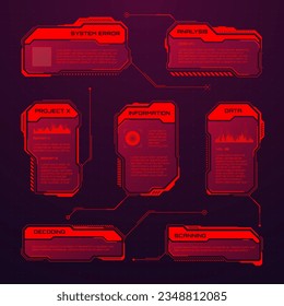 Red futuristic HUD or UI elements. Sci-fi user interface text boxes, callouts. Warning message frames, information boxes template. Modern game interface layout in digital style. Vector illustration