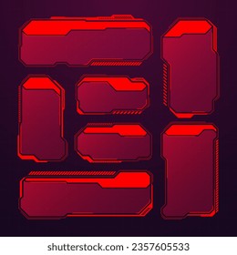 Red futuristic HUD or UI elements. Sci-fi user interface text boxes, callouts. Warning message frames, information boxes template. Modern game interface layout in digital style. Vector illustration