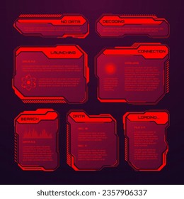 Red futuristic HUD or UI elements. Sci-fi user interface text boxes, callouts. Warning message frames, information boxes template. Modern game interface layout in digital style. Vector illustration