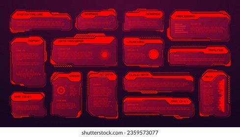 Red futuristic HUD or UI elements. Sci-fi user interface text boxes, callouts. Warning message frames, information boxes template. Modern game interface layout in digital style. Vector illustration