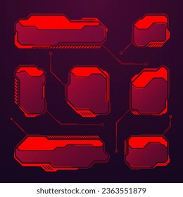 Red futuristic HUD or UI elements. Sci-fi user interface text boxes, callouts. Warning message frames, information boxes template. Modern game interface layout in digital style. Vector illustration