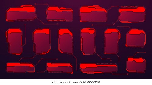 Red futuristic HUD or UI elements. Sci-fi user interface text boxes, callouts. Warning message frames, information boxes template. Modern game interface layout in digital style. Vector illustration