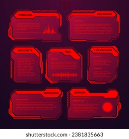 Red futuristic HUD or UI elements. Sci-fi user interface text boxes, callouts. Warning message frames, information boxes template. Modern game interface layout in digital style. Vector illustration