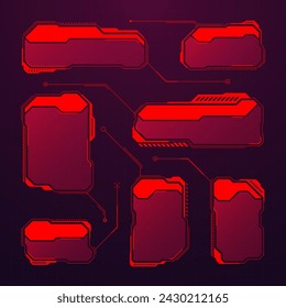 Red futuristische HUD oder UI Elemente. Sci-Fi-Benutzeroberfläche Textfelder, Callouts. Meldungsrahmen für Warnungen, Vorlage für Informationsfelder. Modernes Spiel-Interface-Layout im digitalen Stil. Vektorgrafik
