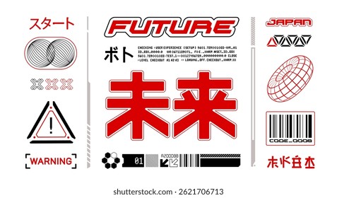 Red Futuristic t-shirt impressão estilo Cyberpunk. Elementos futuristas de HUD com inscrição em texto japonês. Sinais e emblemas futuristas Y2k para roupas de serigrafia