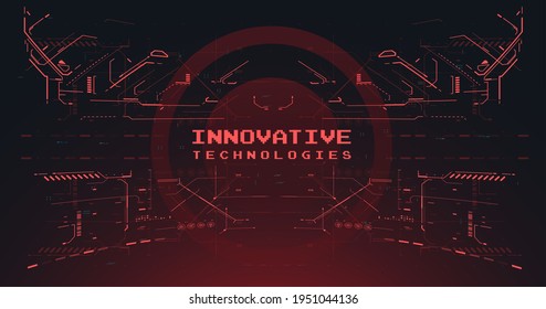 Red Futuristic VR display. Abstract tech Space. HUD interface backdrop. Cyberpunk Sci-fi illustration. Head-up screen for games and apps. High tech frame. Cyberspace Virtual reality in HUD style.