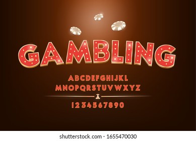 Red Gambling and casino theme alphabet font set with numbers