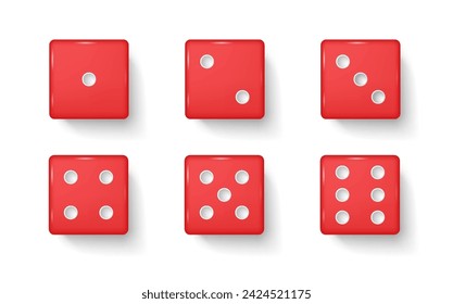 Juego de ilustración vectorial realista de dados de juego rojos. Cubos de plástico con números de puntos para jugar elementos 3D sobre fondo blanco. Artículos de casino