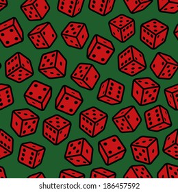 Red Gambling Dices Seamless Pattern on Green Background. Vector