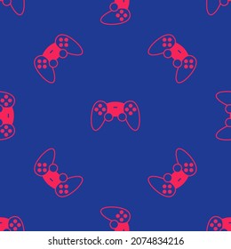 Red Game controller or joystick for game console icon isolated seamless pattern on blue background.  Vector