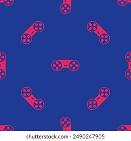 Red Game controller or joystick for game console icon isolated seamless pattern on blue background.  Vector