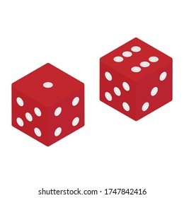 Red game dice isometric view isolated on white background. Casino gambling concept. Vector