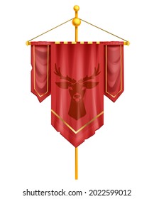 Red game flag, medieval vector battle banner, gold flagpole, deer silhouette, knight pennant on white. Coat of arms isolated UI illustration, victory trophy sign, heraldic old cloth. Game flag badge