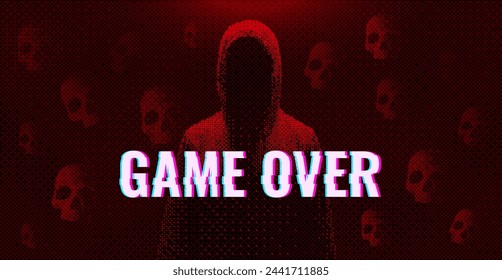 Red Game Over Screen. Player is Dead Game Screen. Dark Faceless Reaper in the Hood. Flying Skulls Vector Illustration. Glitched Unknown Man Hacker Pixel Art Dithering.