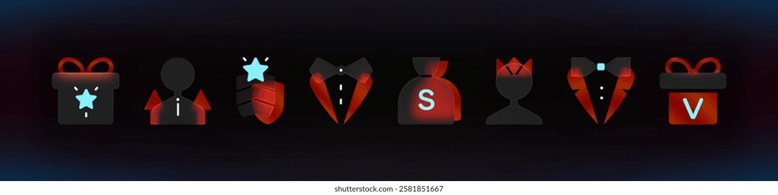 Red Game Rewards and Status Icons on the сolorfull background .Glassmorphism UI red icons set. Blurry VIP icons.