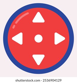 Um botão vermelho controlador de jogos com setas direcionais e um botão central.