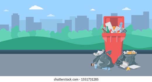 Red Garbage Bin Full Of Trash. Waste Recycling And Management. Can Full Of Overflowing Trash, Plastic Bags With Box, Papers, Glass, Bottles, E-waste. Cleaning City Banner Template. Household Waste
