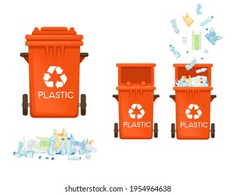 Red garbage bin trash can for plastic types of waste vector illustration isolated on white background