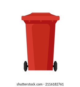 Red garbage can on white background.
