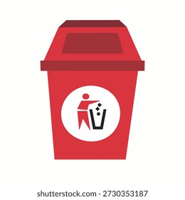Cubo de basura rojo con símbolo de reciclaje, eliminación de residuos y concepto de cuidado del medio ambiente
