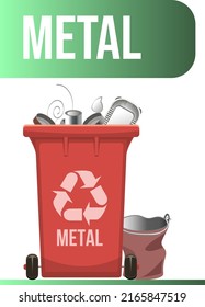 Red garbage container with separated metal waste. Waste management design template. Isolated on white background