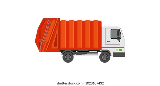 A red garbage truck with a white cabin. Scrap metal. Isolated icon. Vector illustration.