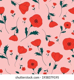 Red garden flowers. Seamless poppy pattern for fabric, fashion, packaging. Botanical summer vector print. A modern red poppy on a pink background.
