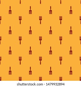 Red Garden fork icon isolated seamless pattern on brown background. Pitchfork icon. Tool for horticulture, agriculture, farming.  Vector Illustration