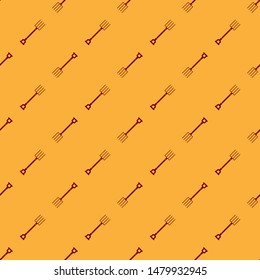 Red Garden pitchfork icon isolated seamless pattern on brown background. Garden fork sign. Tool for horticulture, agriculture, farming.  Vector Illustration
