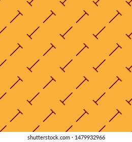 Red Garden rake icon isolated seamless pattern on brown background. Tool for horticulture, agriculture, farming. Ground cultivator. Housekeeping equipment.  Vector Illustration