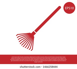 Red Garden rake for leaves icon isolated on white background. Tool for horticulture, agriculture, farming. Ground cultivator.  Vector Illustration