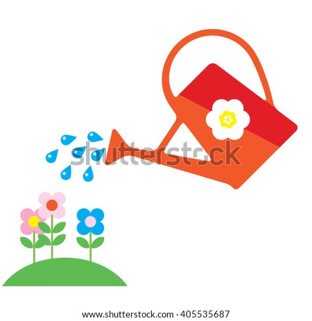 Red Garden Water can decorated flowers watering plants. vector illustration. 