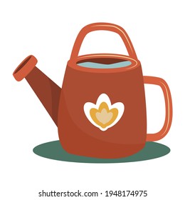Red garden watering can with flower. Vector illustration flat design. Isolated on white background